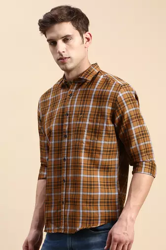 men's long sleeves other checks mustard shirt