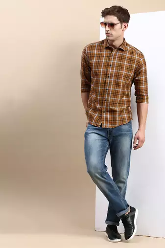 men's long sleeves other checks mustard shirt