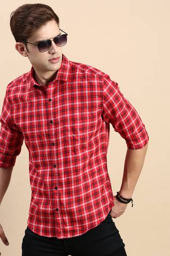 men's long sleeves checked red shirt