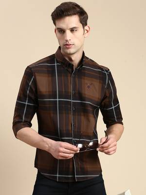 Showoff men's long sleeves other checks coffee brown shirt 1
