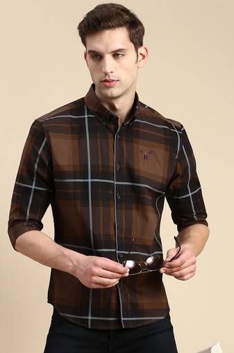 Showoff men's long sleeves other checks coffee brown shirt