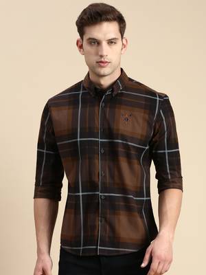 Showoff men's long sleeves other checks coffee brown shirt 2