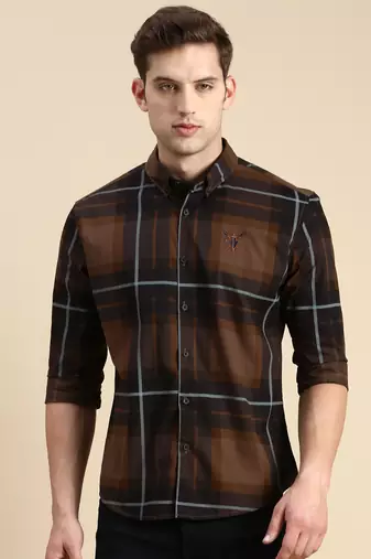 Showoff men's long sleeves other checks coffee brown shirt