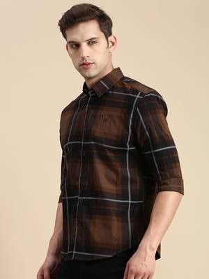 Showoff men's long sleeves other checks coffee brown shirt 3