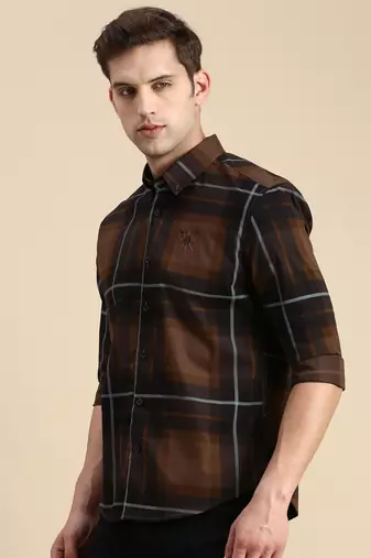Showoff men's long sleeves other checks coffee brown shirt