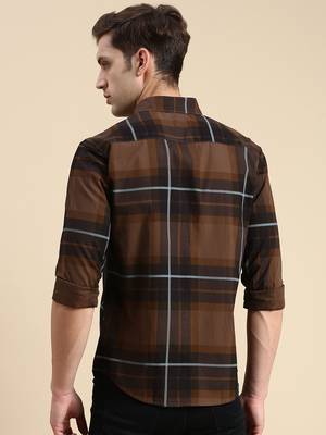 Showoff men's long sleeves other checks coffee brown shirt 4
