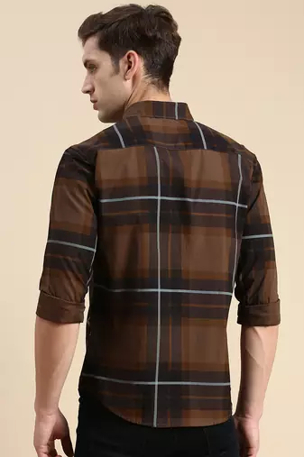 Showoff men's long sleeves other checks coffee brown shirt