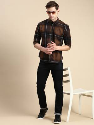 Showoff men's long sleeves other checks coffee brown shirt 5