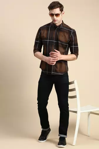 Showoff men's long sleeves other checks coffee brown shirt