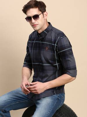 men's long sleeves other checks navy blue shirt 1