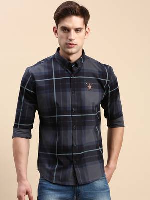 men's long sleeves other checks navy blue shirt 2