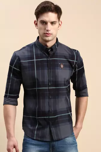 men's long sleeves other checks navy blue shirt