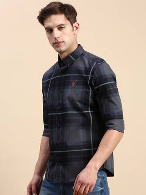 men's long sleeves other checks navy blue shirt 3