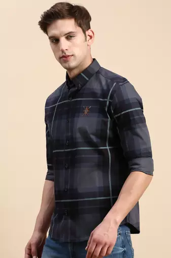 men's long sleeves other checks navy blue shirt