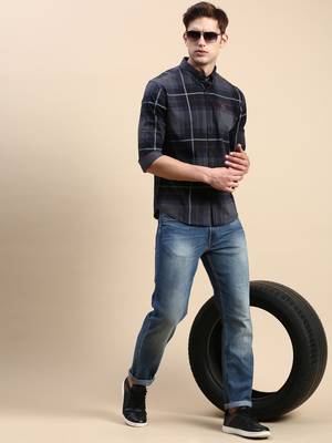 men's long sleeves other checks navy blue shirt 5