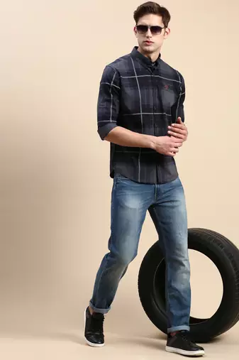 men's long sleeves other checks navy blue shirt