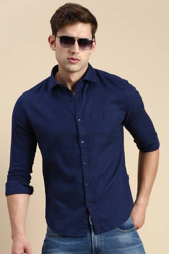 men's long sleeves solid navy blue shirt