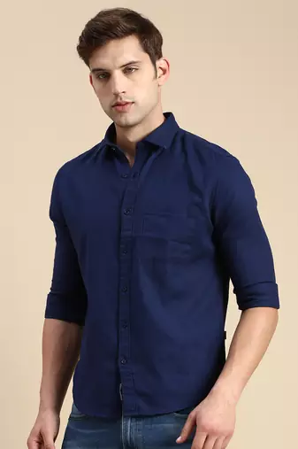 men's long sleeves solid navy blue shirt