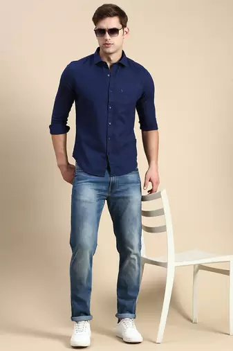 men's long sleeves solid navy blue shirt