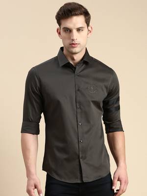men's long sleeves solid olive shirt 2