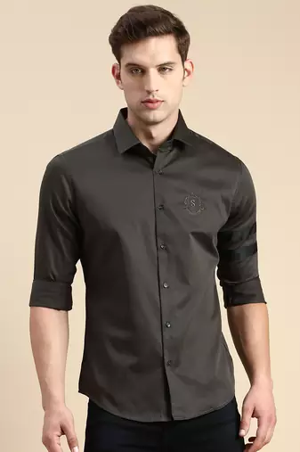 men's long sleeves solid olive shirt