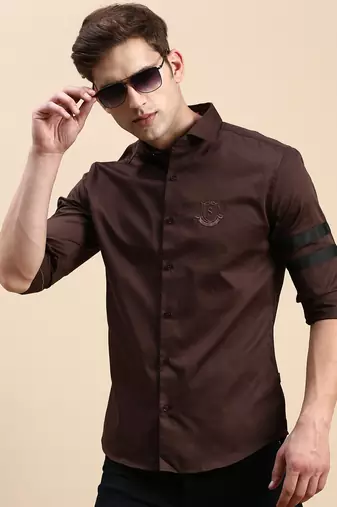 Showoff men's long sleeves solid coffee brown shirt