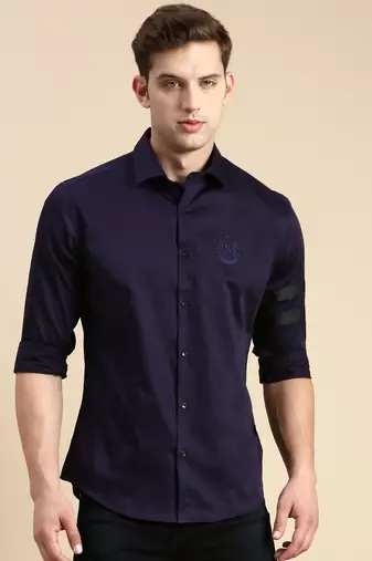 men's long sleeves solid navy blue shirt