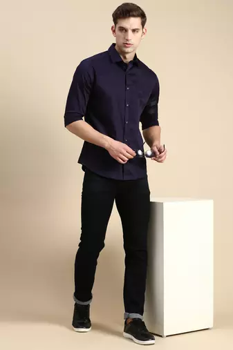men's long sleeves solid navy blue shirt