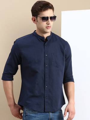 Showoff men's long sleeves solid navy blue shirt 1