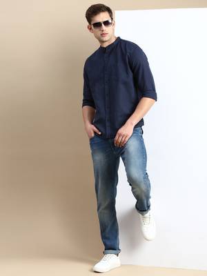Showoff men's long sleeves solid navy blue shirt 5