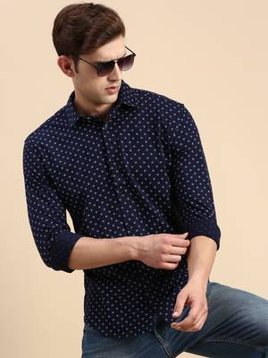 men's long sleeves geometric navy blue shirt 1