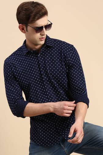 men's long sleeves geometric navy blue shirt