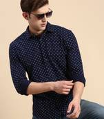 men's long sleeves geometric navy blue shirt