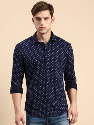 men's long sleeves geometric navy blue shirt 2
