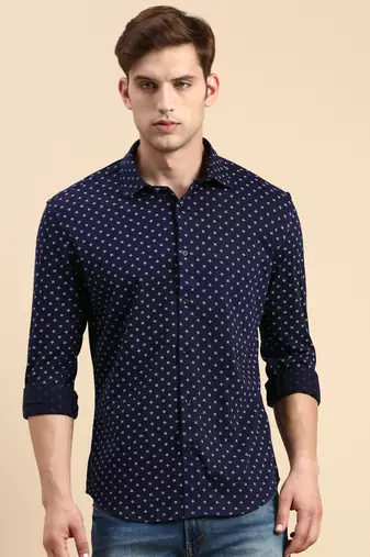 men's long sleeves geometric navy blue shirt