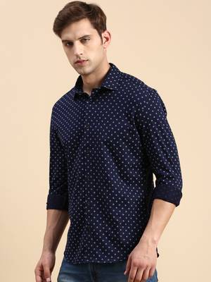 men's long sleeves geometric navy blue shirt 3