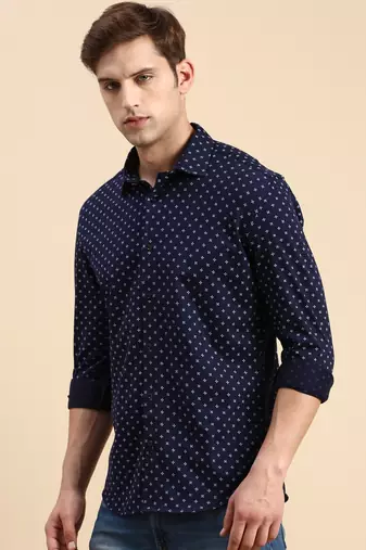 men's long sleeves geometric navy blue shirt