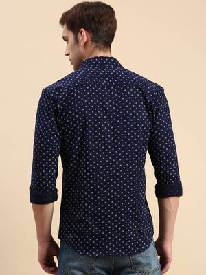 men's long sleeves geometric navy blue shirt 4