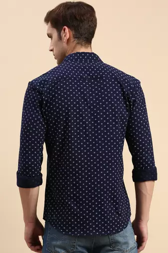 men's long sleeves geometric navy blue shirt