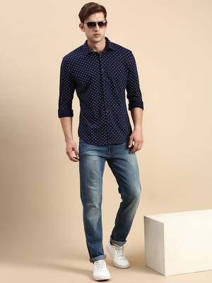 men's long sleeves geometric navy blue shirt 5