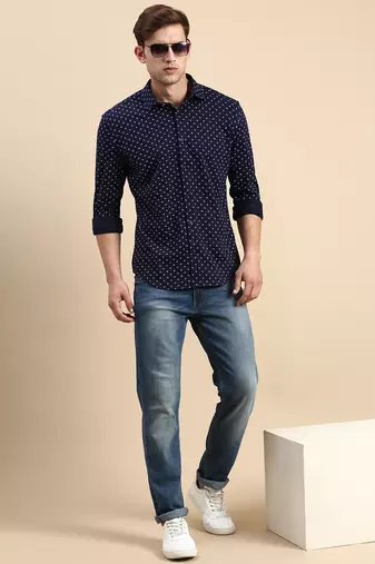 men's long sleeves geometric navy blue shirt