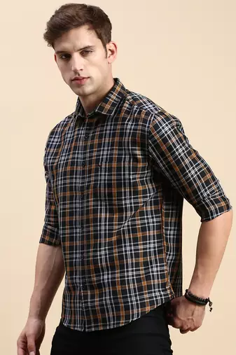 Showoff men's long sleeves checked navy blue shirt