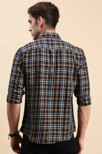 Showoff men's long sleeves checked navy blue shirt