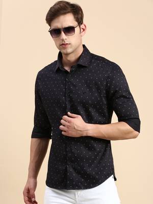 men's long sleeves geometric navy blue shirt 1