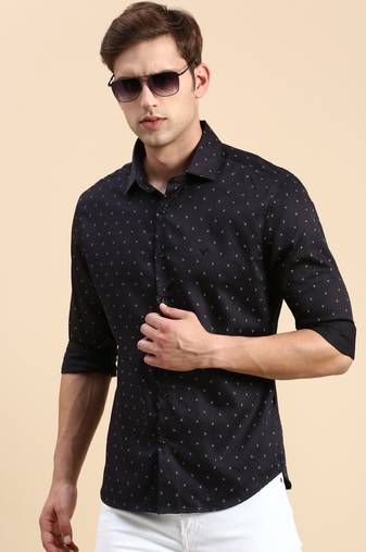 men's long sleeves geometric navy blue shirt