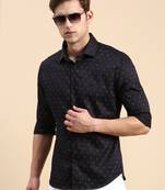 men's long sleeves geometric navy blue shirt