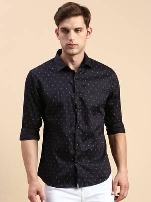 men's long sleeves geometric navy blue shirt 2