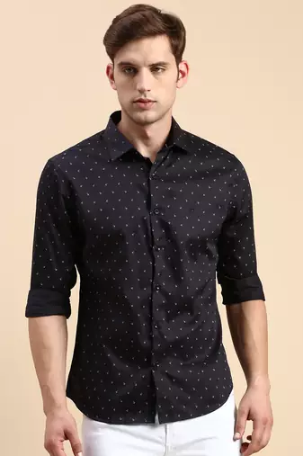 men's long sleeves geometric navy blue shirt