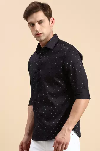 men's long sleeves geometric navy blue shirt