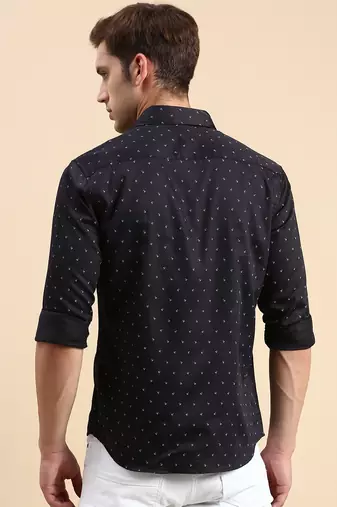 men's long sleeves geometric navy blue shirt